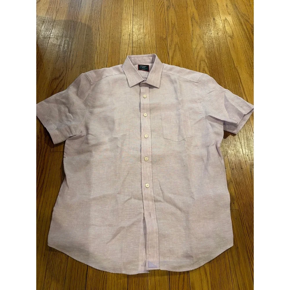 UNTUCKit Cameron Linen Short Sleeve Shirt Purple Regular Fit 40878 Mens Medium